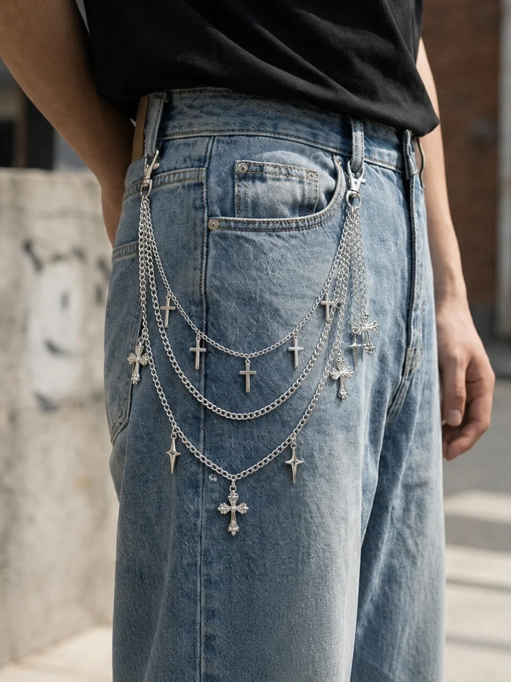 Stainless Steel Pants Jean Cross Chain Y2K Gothic Layered HipHop Alternative